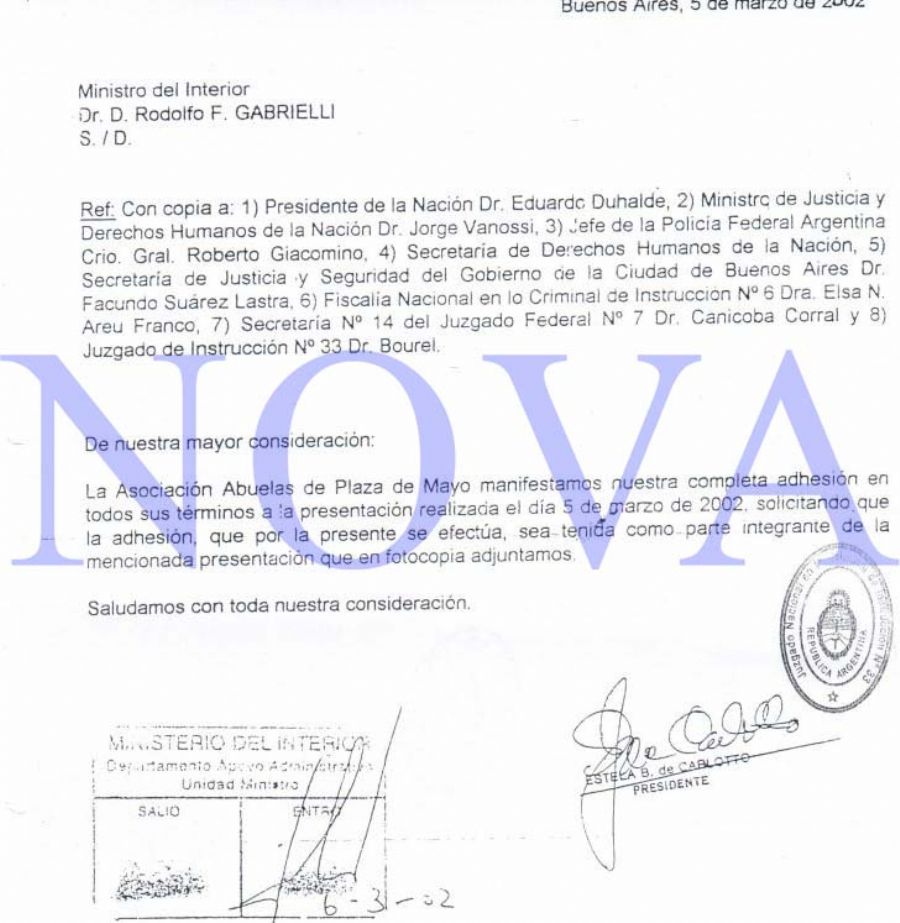 La firma de Estela de Carlotto, al pie de la nota, en representación de las Abuelas de Plaza de Mayo. (Foto: NOVA)